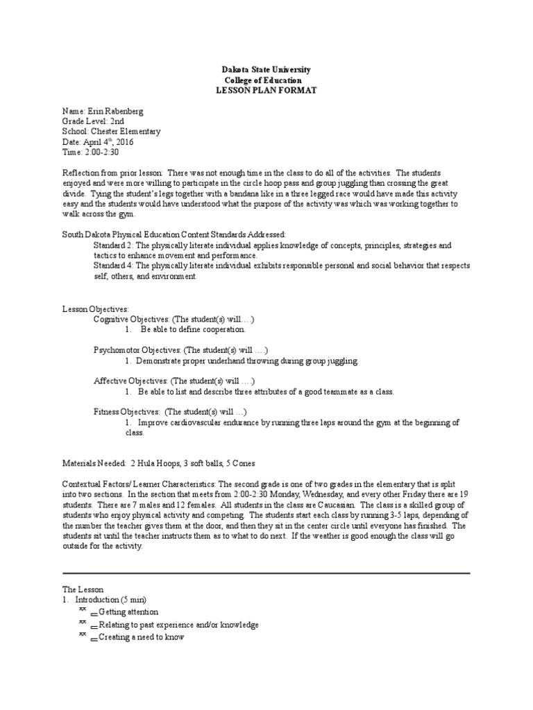 2nd Grade PE Lesson Plan on Cooperation | PDF | Physical Education ...