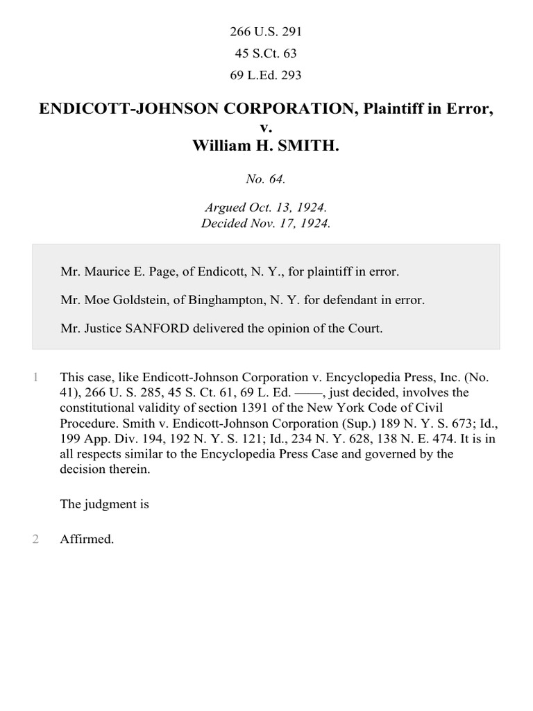 Endicott Johnson Corp. v. Smith, 266 U.S. 291 (1924) PDF