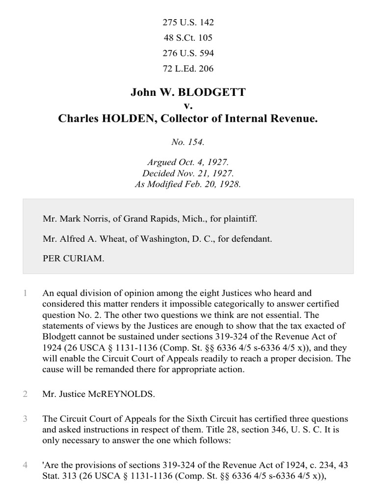 Blodgett v. Holden, 275 U.S. 142 (1927) PDF Fifth Amendment To The