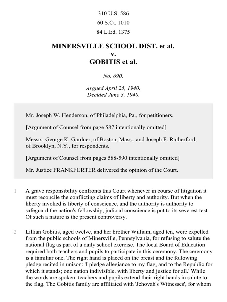 Minersville School Dist. v. Gobitis, 310 U.S. 586 (1940) Civil