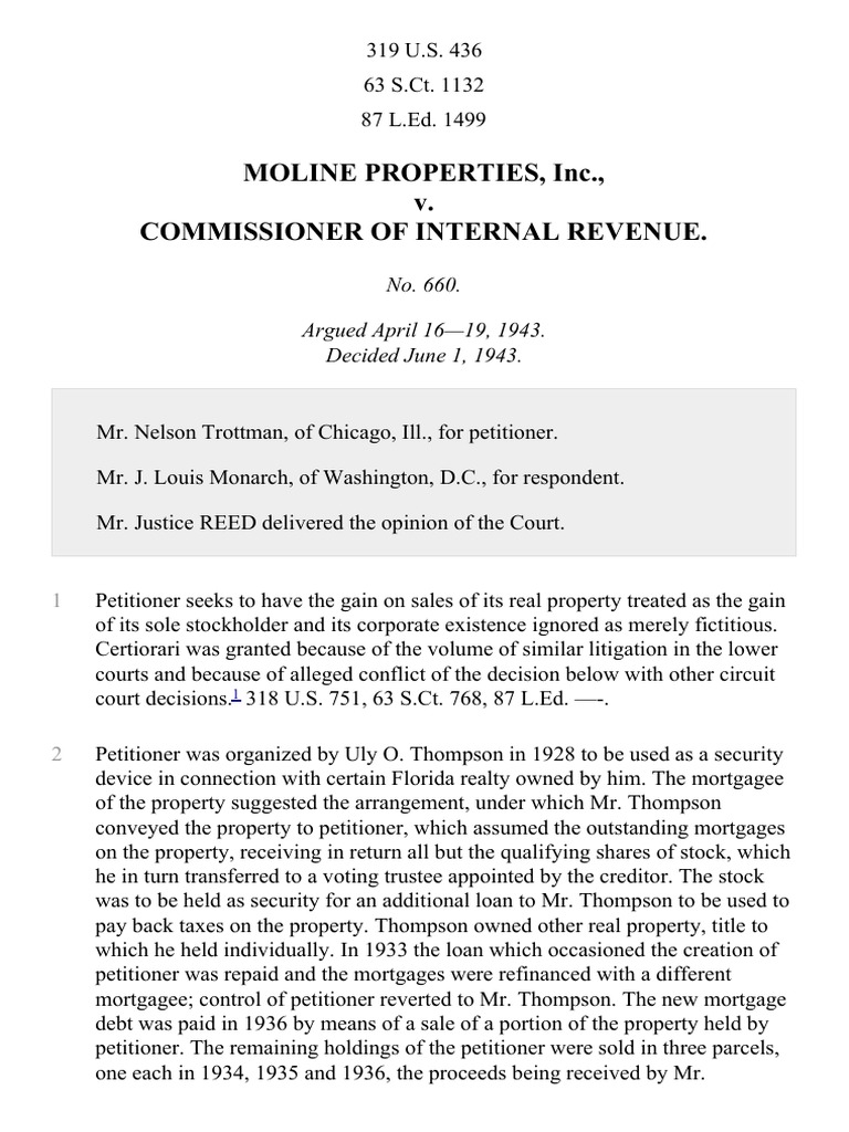 Moline Properties, Inc. v. Commissioner, 319 U.S. 436 (1943) PDF