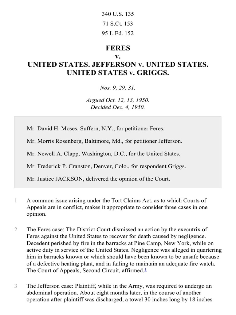 Feres v. United States, 340 U.S. 135 (1950) PDF Negligence Tort