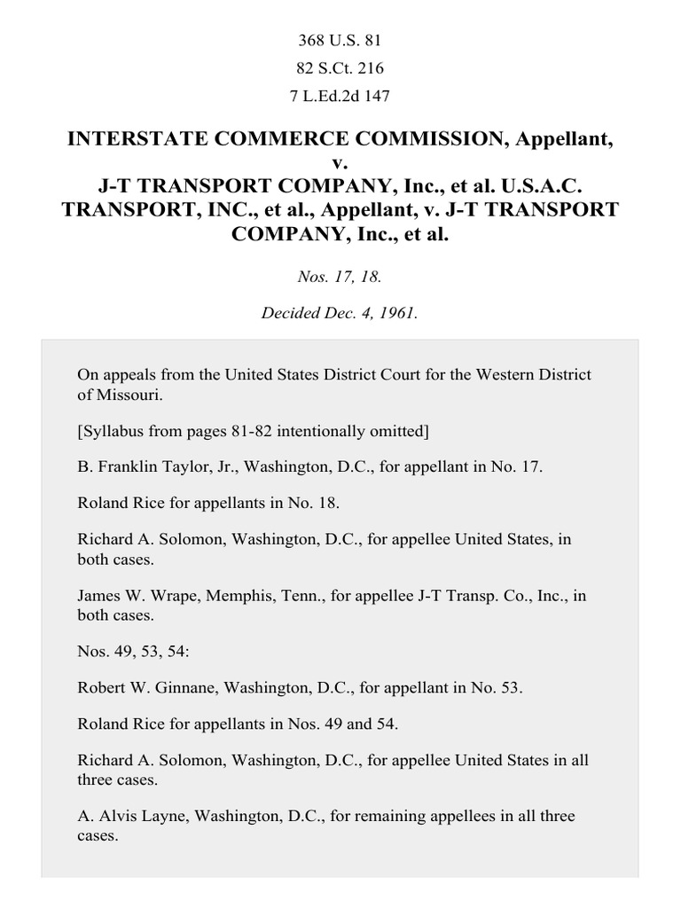 Interstate Commerce Commission Appellant V J T Transport Company Inc Et Al U S A C Transport Inc Et Al Appellant V J T Transport Company Inc Et Al Common Carrier Supreme Court Of The