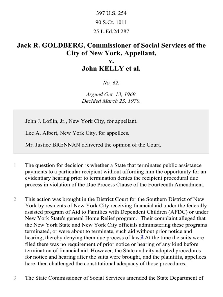 Goldberg v. Kelly, 397 U.S. 254 (1970) | PDF | Fourteenth Amendment To The United States ...