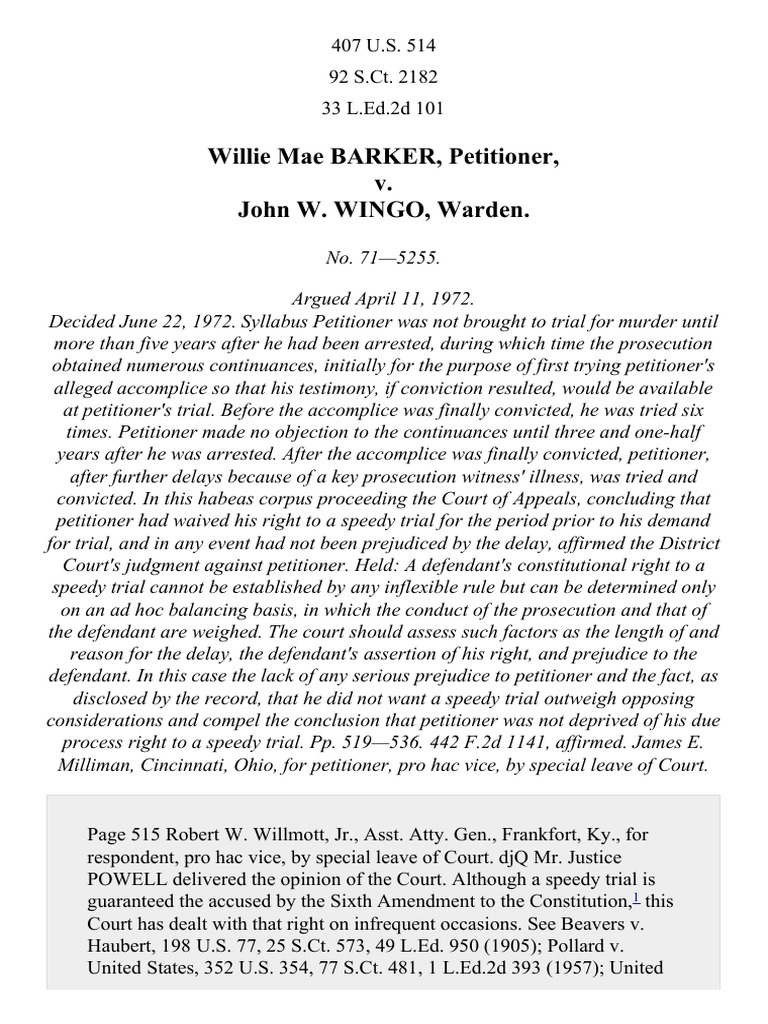 Willie Mae BARKER, Petitioner, v. John W. WINGO, Warden PDF