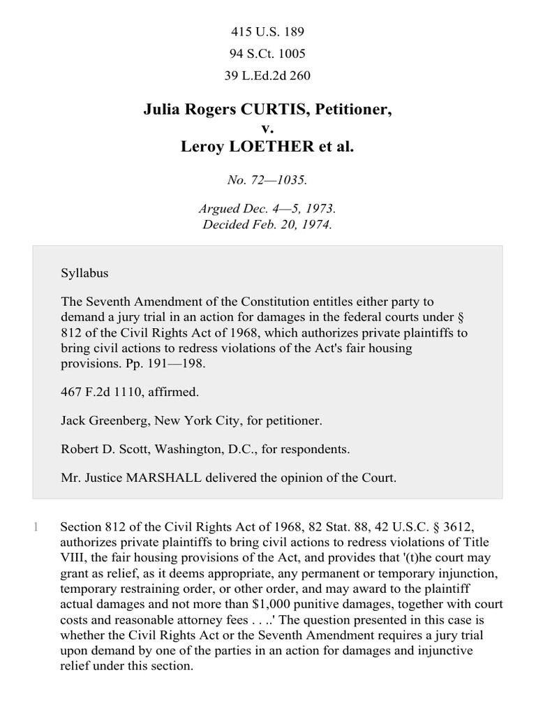 Curtis v. Loether, 415 U.S. 189 (1974) PDF Seventh Amendment To The