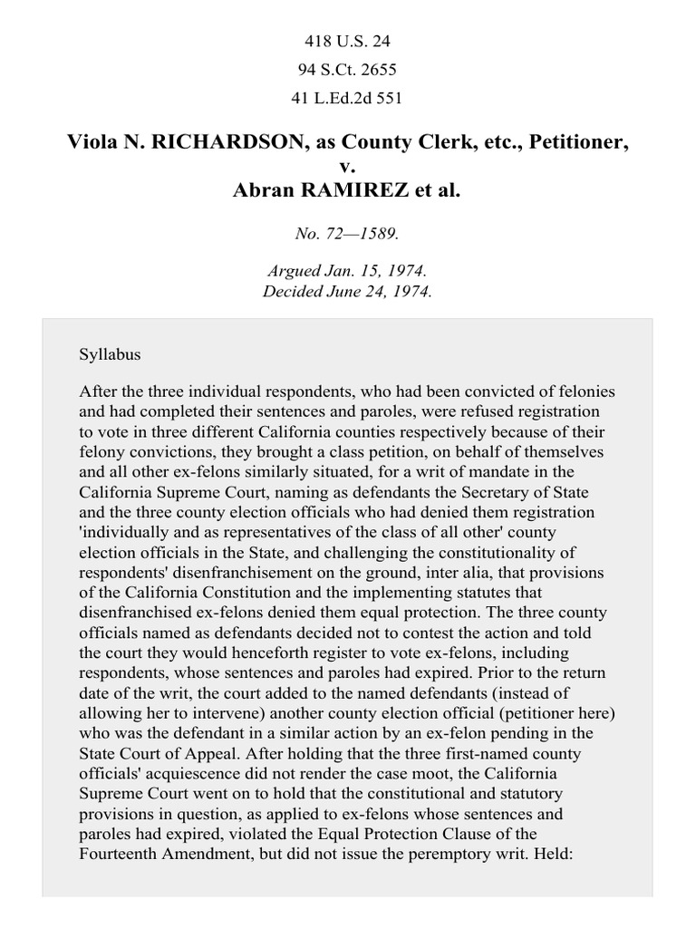 Richardson v. Ramirez, 418 U.S. 24 (1974) PDF Fourteenth Amendment