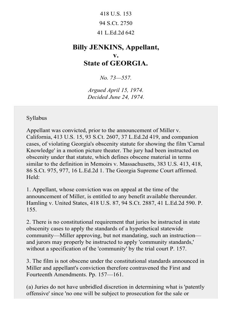 Jenkins v. Georgia: Obscenity Ruling | PDF | Obscenity | Miller V ...