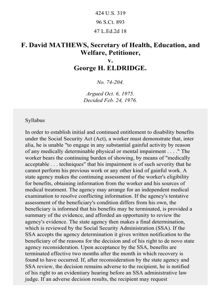 Mathews v. Eldridge, 424 U.S. 319 (1976) PDF Supreme Court Of The