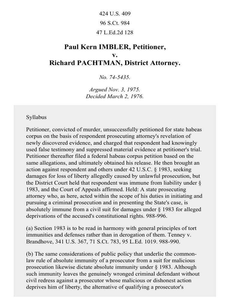 Imbler v. Pachtman, 424 U.S. 409 (1976) Download Free PDF