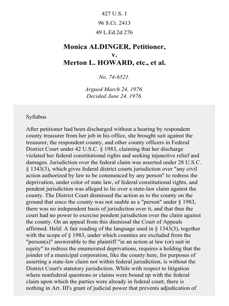 Aldinger v. Howard, 427 U.S. 1 (1976) PDF Supplemental Jurisdiction