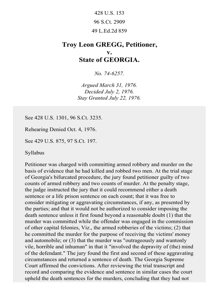 Gregg v. 428 U.S. 153 (1976) Eighth Amendment To The United