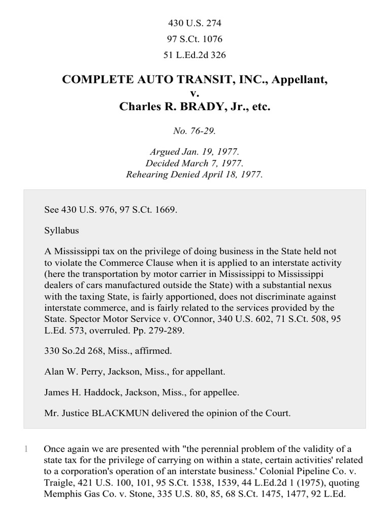 Complete Auto Transit, Inc. v. Brady, 430 U.S. 274 (1977) PDF