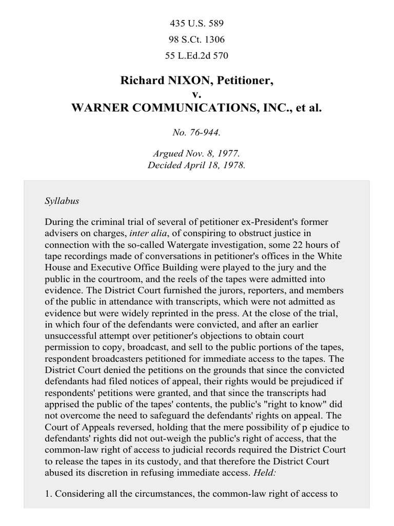 Nixon v. Warner Communications, Inc., 435 U.S. 589 (1978) PDF