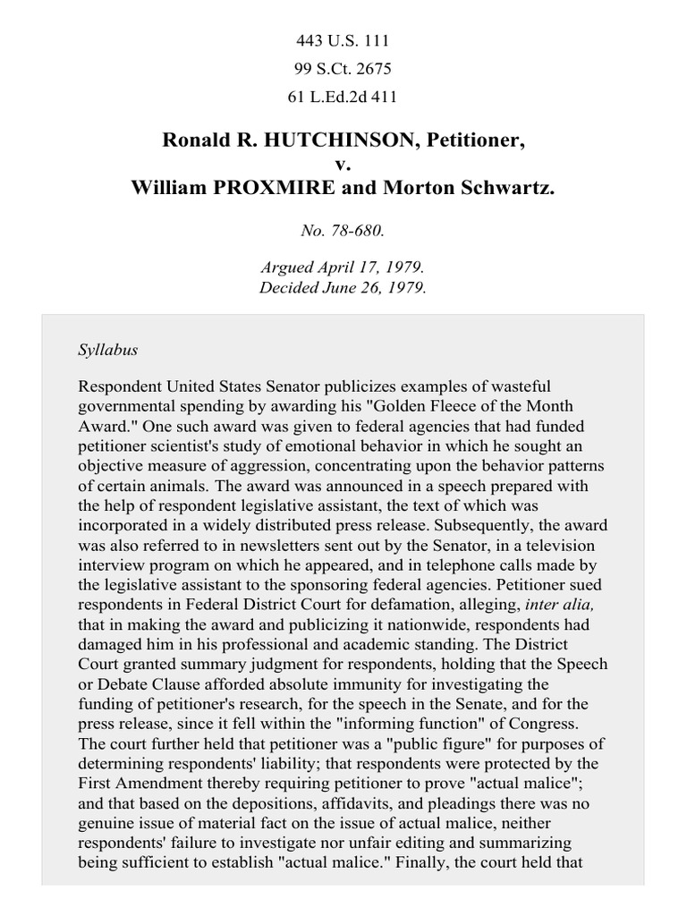 Hutchinson v. Proxmire, 443 U.S. 111 (1979) PDF First Amendment To