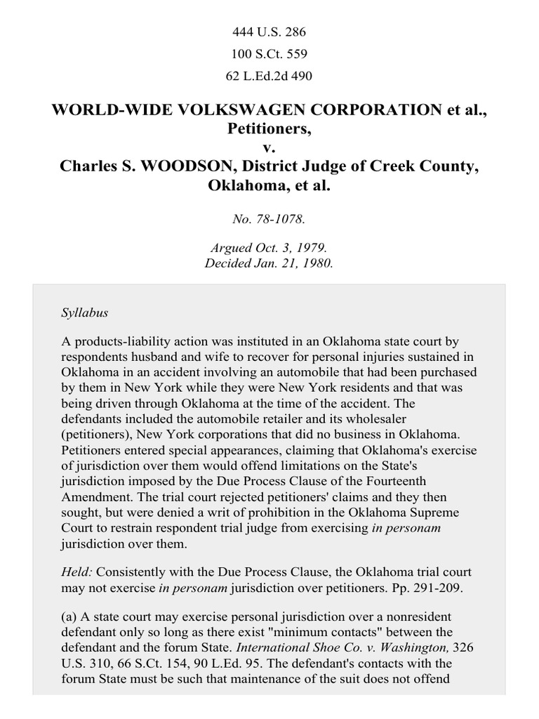 WorldWide Volkswagen Corp. v. Woodson, 444 U.S. 286 (1980) PDF