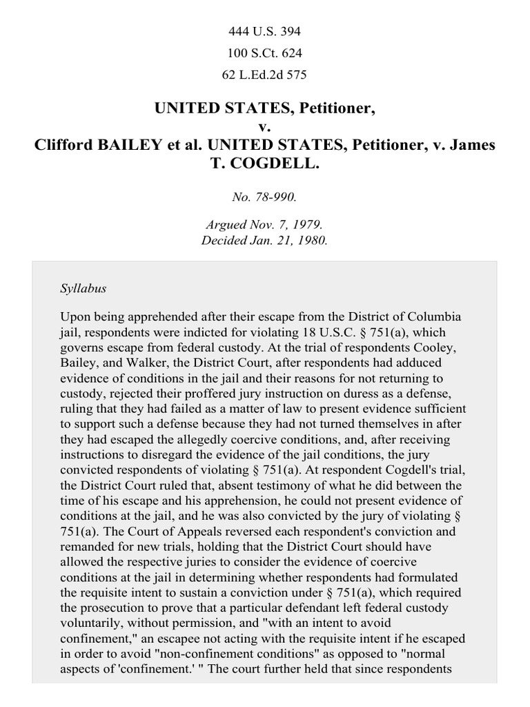 U.S. v. Bailey: Escape Conviction Appeal | PDF | Mens Rea | Intention ...