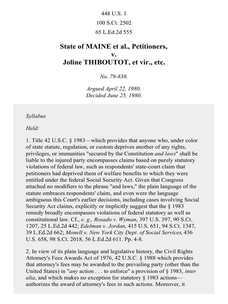Maine v. Thiboutot, 448 U.S. 1 (1980) PDF Supreme Court Of The