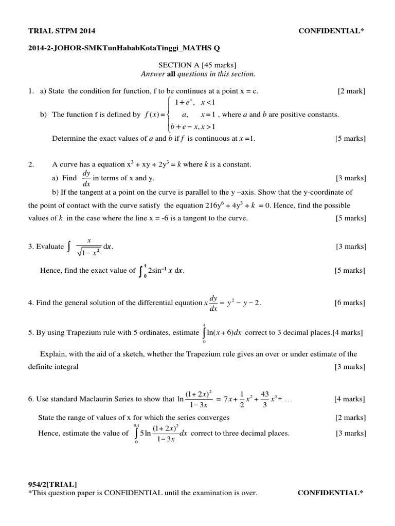 STPM 2014 Maths Trial Exam Questions | PDF | Tangent | Equations