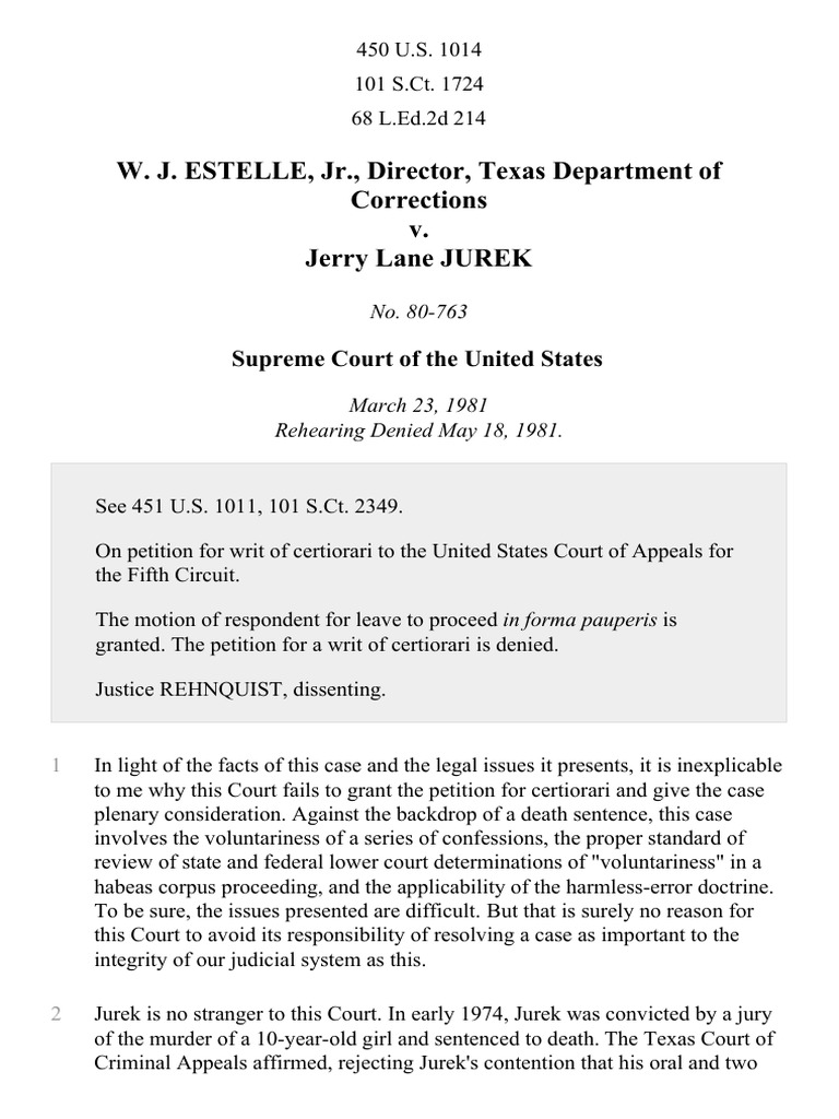 W. J. Estelle, JR., Director, Texas Department of Corrections v. Jerry