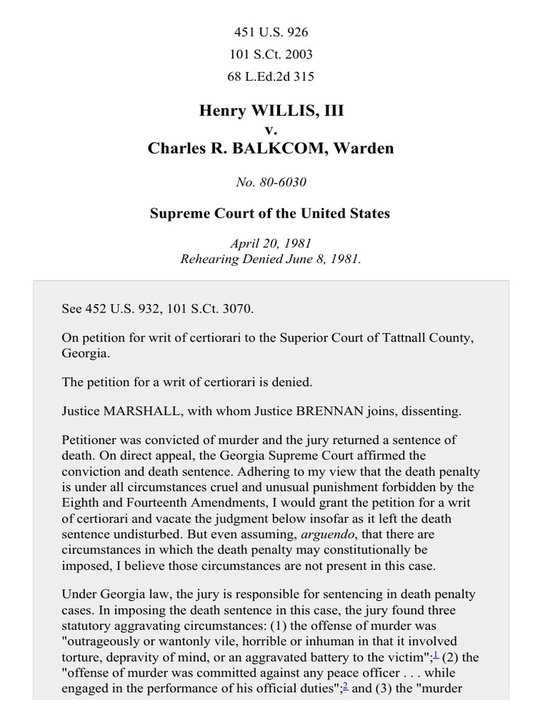 Henry Willis, III v. Charles R. Warden, 451 U.S. 926 (1981