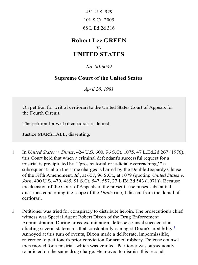 Robert Lee Green v. United States, 451 U.S. 929 (1981) PDF Supreme
