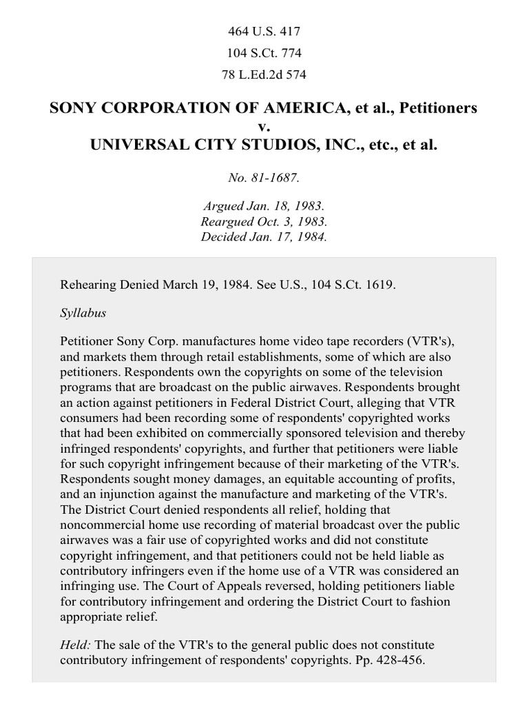 Sony Corp. of America v. Universal City Studios, Inc., 464 U.S. 417