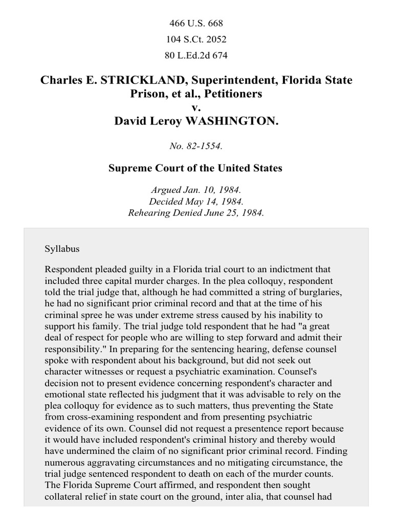 Strickland v. Washington, 466 U.S. 668 (1984) Sixth Amendment To The