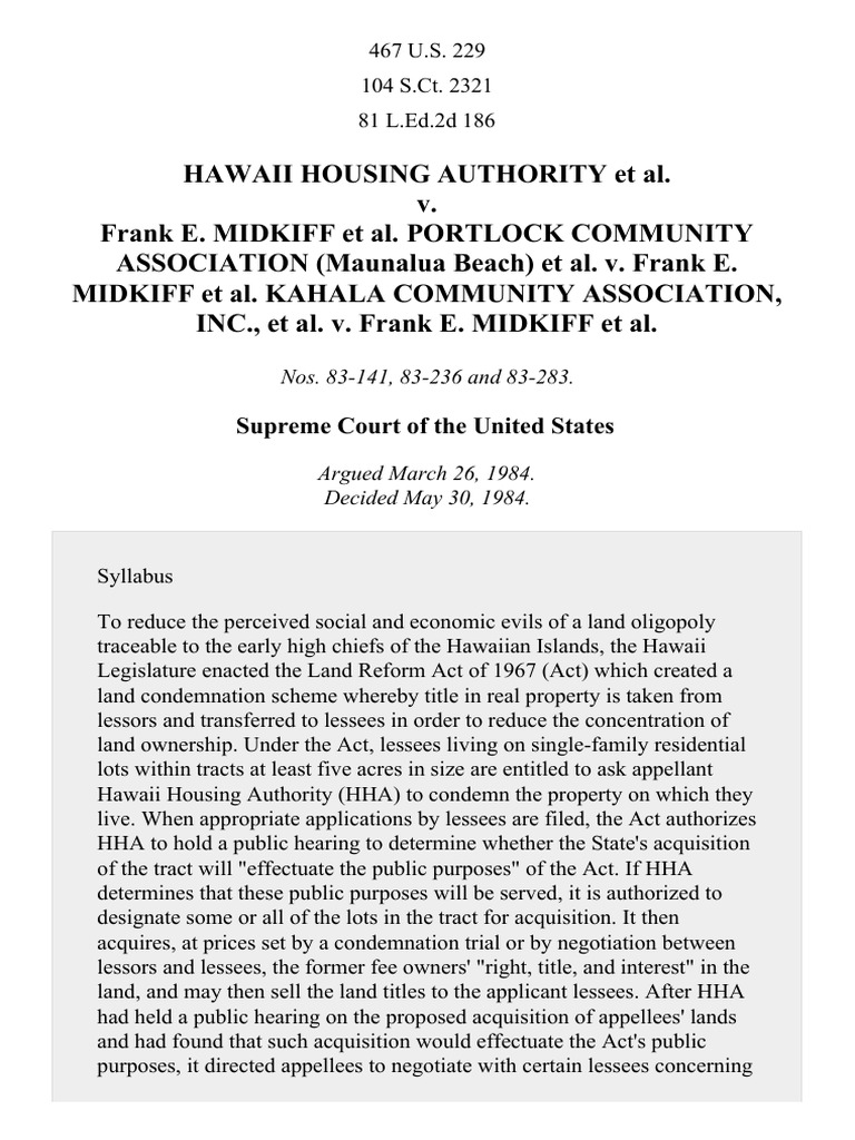 Hawaii Housing Authority v. Midkiff, 467 U.S. 229 (1984) PDF Abstention Doctrine Eminent