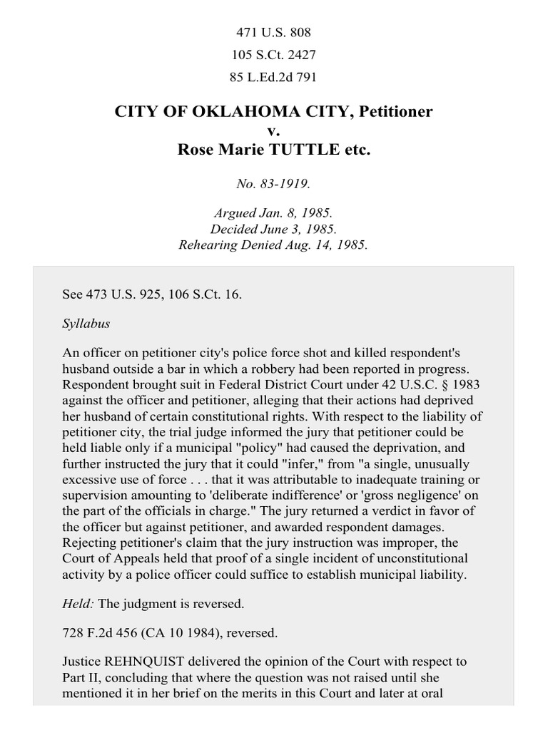 Oklahoma City v. Tuttle, 471 U.S. 808 (1985) PDF Fourteenth Amendment To The United States