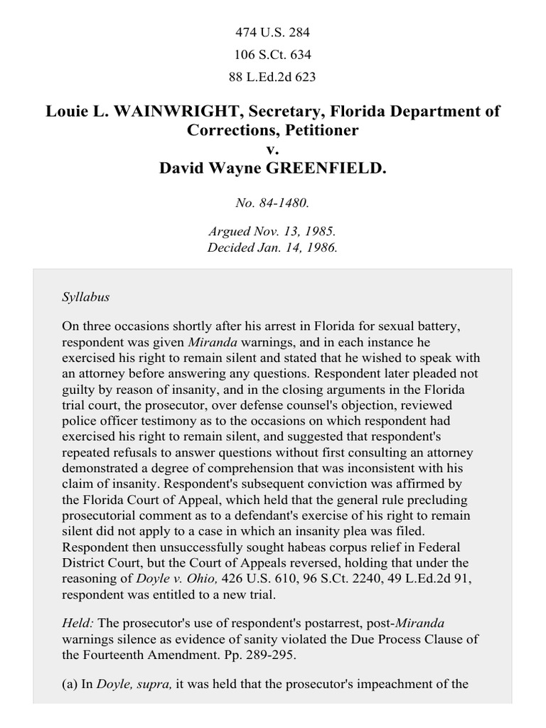 Wainwright v. Greenfield, 474 U.S. 284 (1986) PDF Miranda Warning