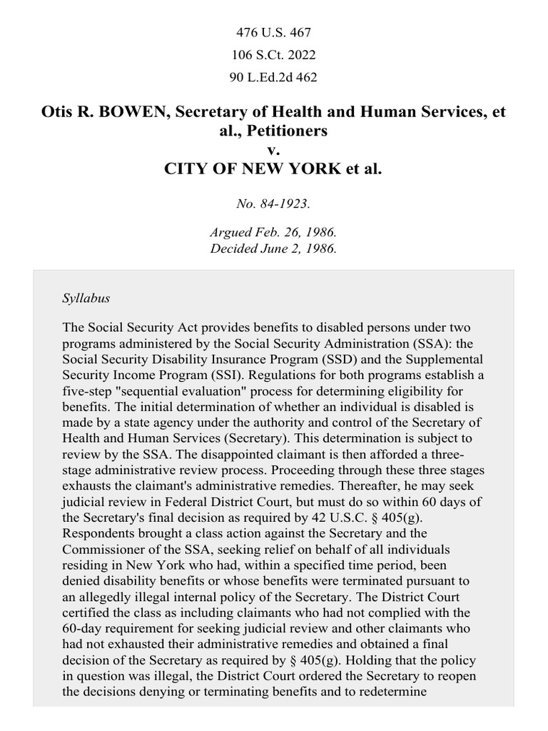Bowen v. City of New York, 476 U.S. 467 (1986) Social Security