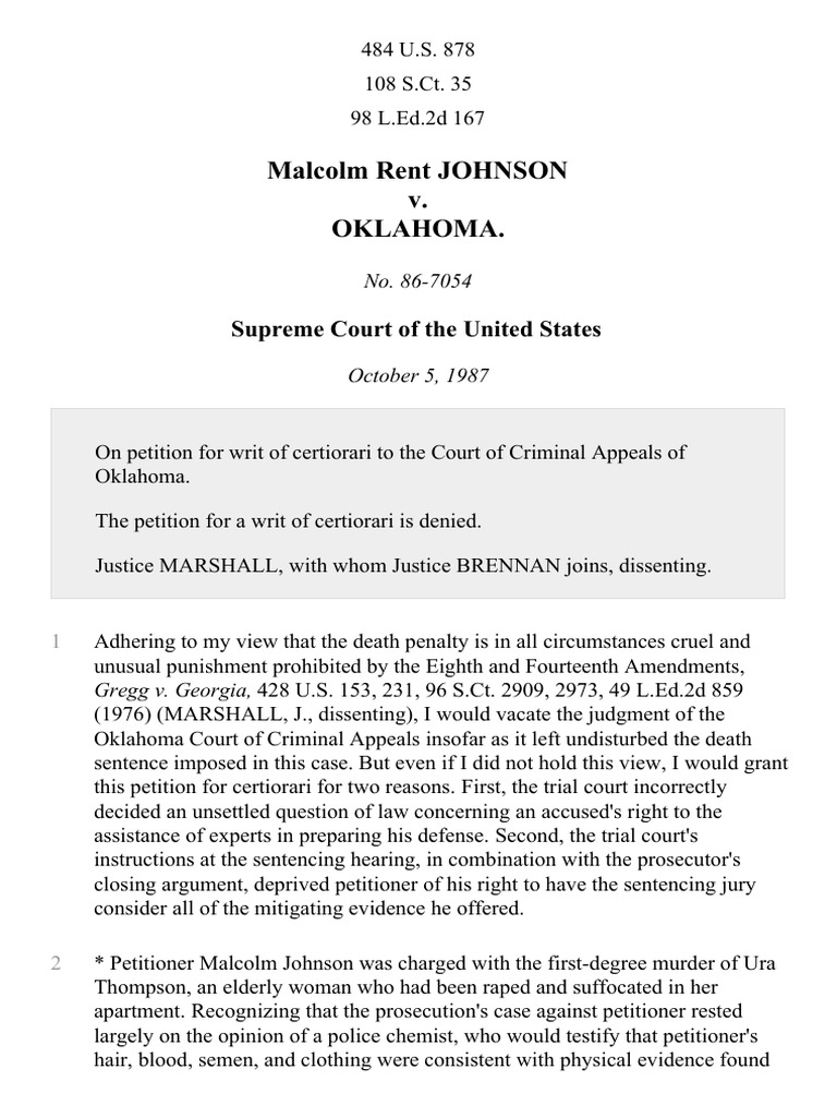 Malcolm Rent Johnson v. Oklahoma, 484 U.S. 878 (1987) PDF Mitigating Factor Prosecutor