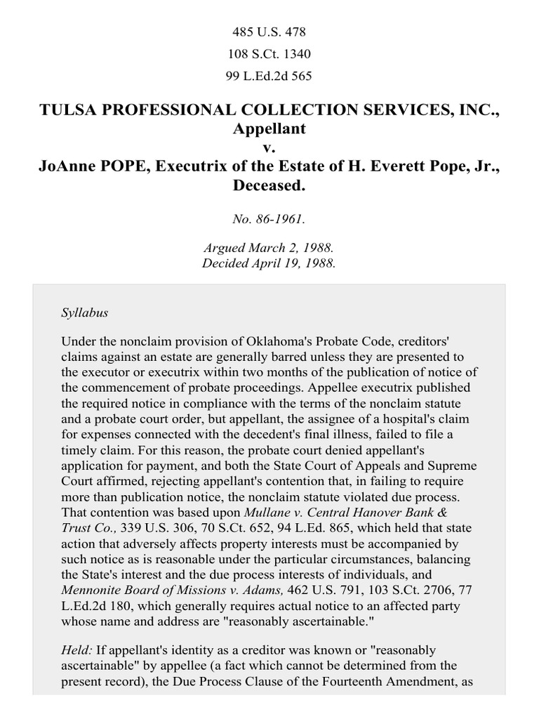 Tulsa Professional Collection Services, Inc. v. Pope, 485 U.S. 478 (1988) PDF Probate Will
