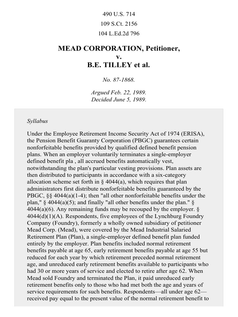 Mead Corp. v. Tilley, 490 U.S. 714 (1989) Employee Retirement Security Act Defined