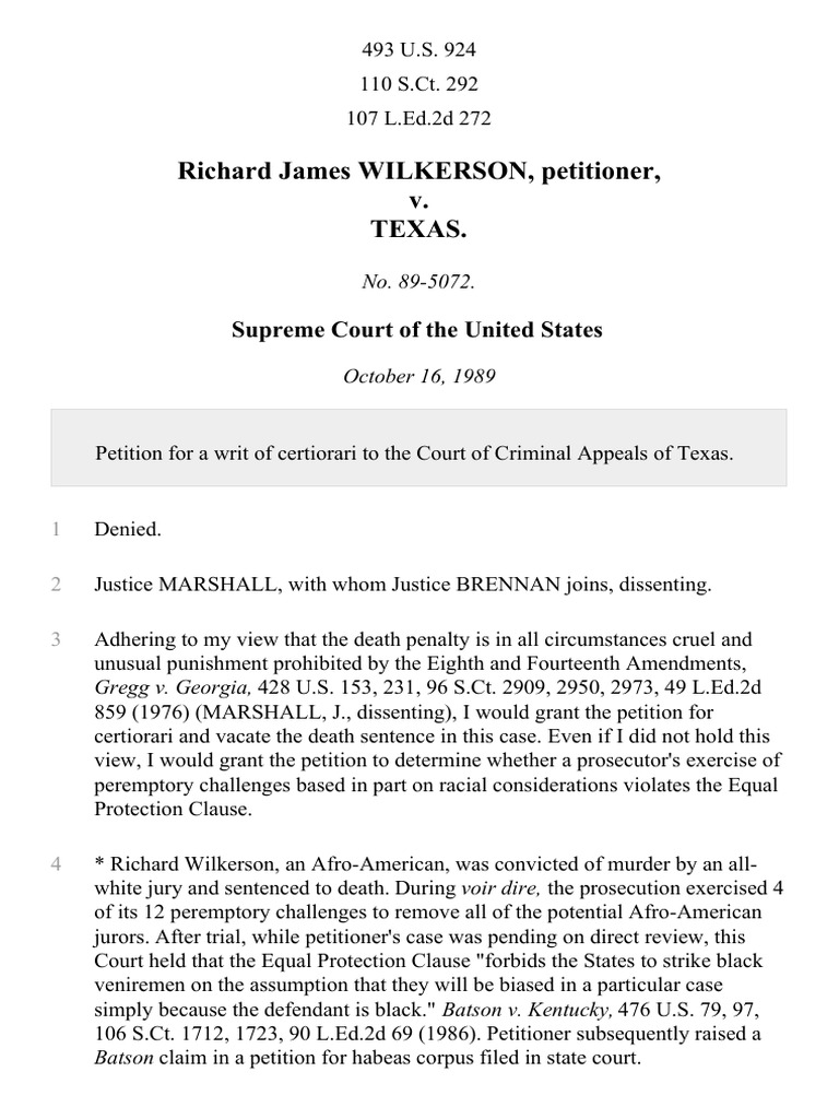 Richard James Wilkerson v. Texas, 493 U.S. 924 (1989) PDF Batson V. Kentucky United States Law
