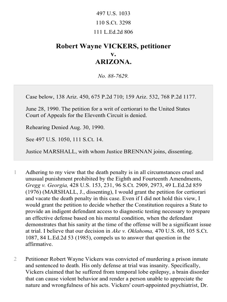 Robert Wayne Vickers v. Arizona, 497 U.S. 1033 (1990) | PDF | Insanity ...