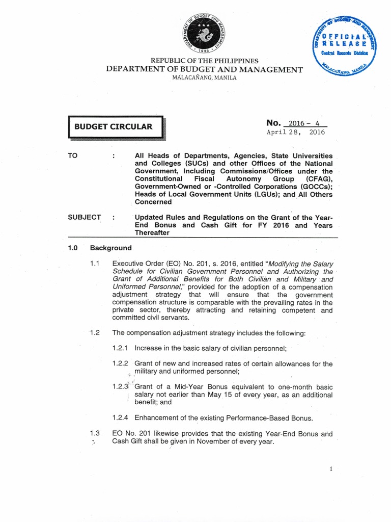 DBM Year End Bonus Budget Circular No. 2016 4 PDF Employment