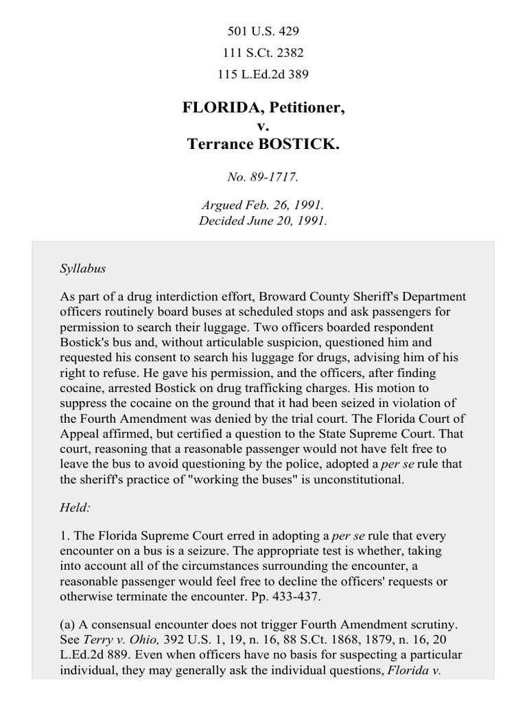 Florida v. Bostick, 501 U.S. 429 (1991) PDF Fourth Amendment To The