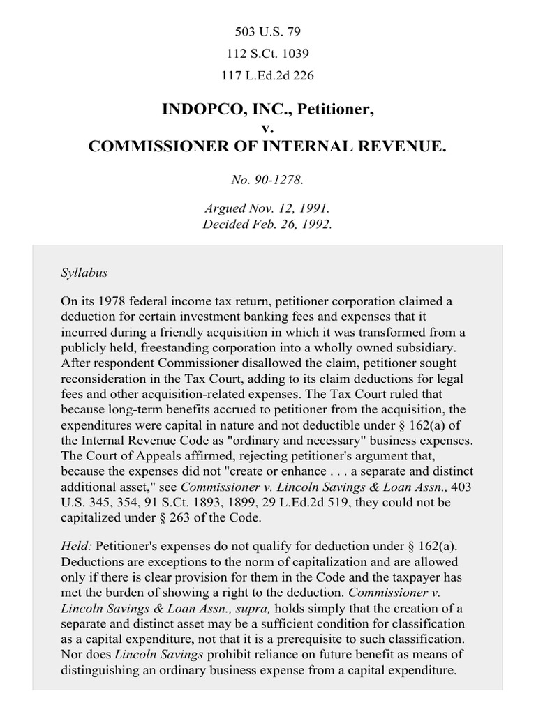 Indopco, Inc. v. Commissioner, 503 U.S. 79 (1992) Expense Tax Deduction