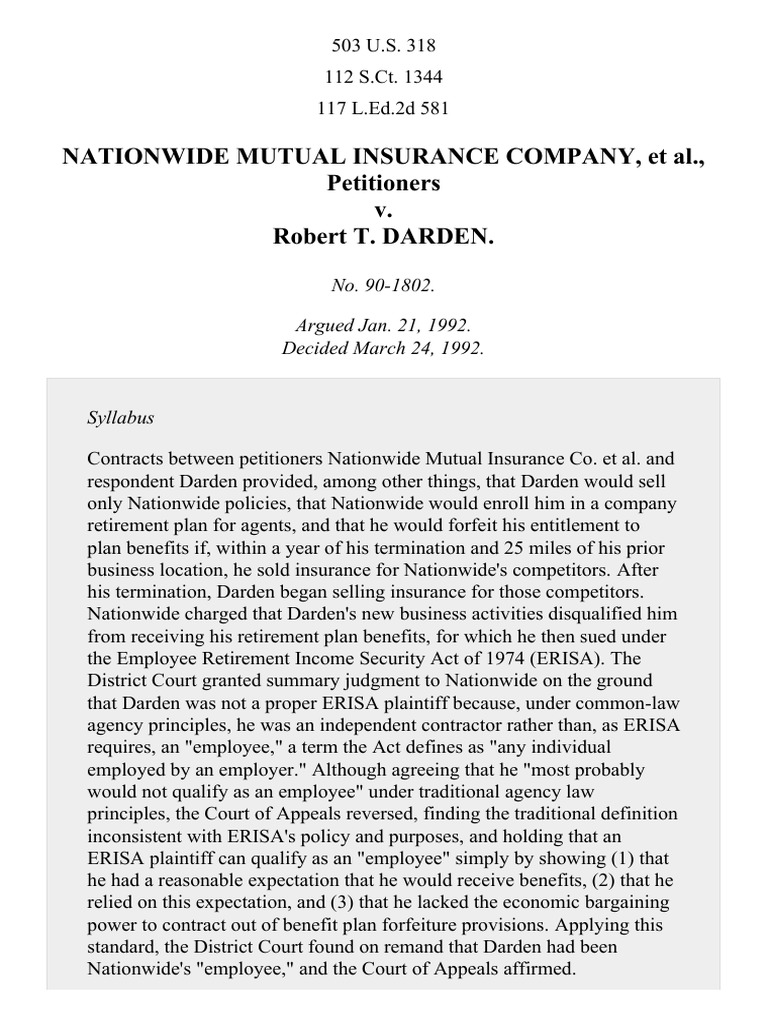 Nationwide Mut. Ins. Co. v. Darden, 503 U.S. 318 (1992) | PDF ...