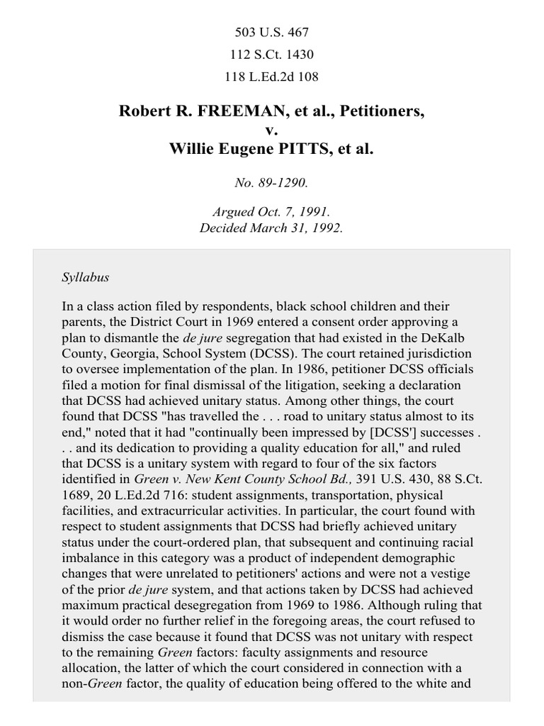 Freeman v. Pitts, 503 U.S. 467 (1992) PDF Brown V. Board Of