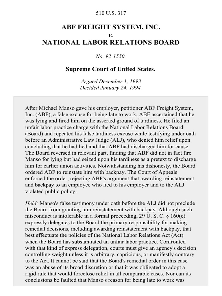 ABF Freight System, Inc. v. NLRB, 510 U.S. 317 (1994) PDF Perjury