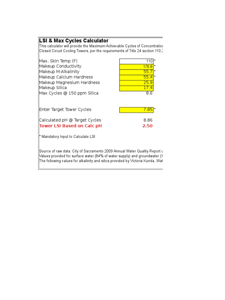 LSI & Max Cycles Calculator Tower LSI Based On Calc PH 2.50 PDF