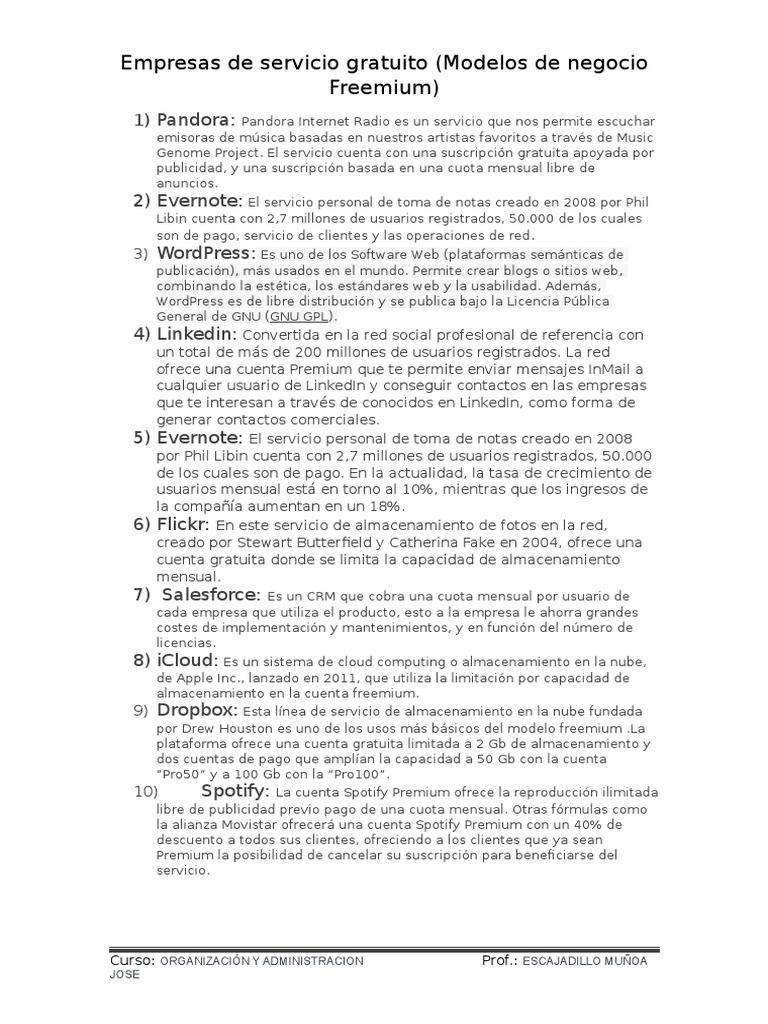 Modelos de Negocio Freemium Ejemplos | PDF | Spotify | Computación en ...