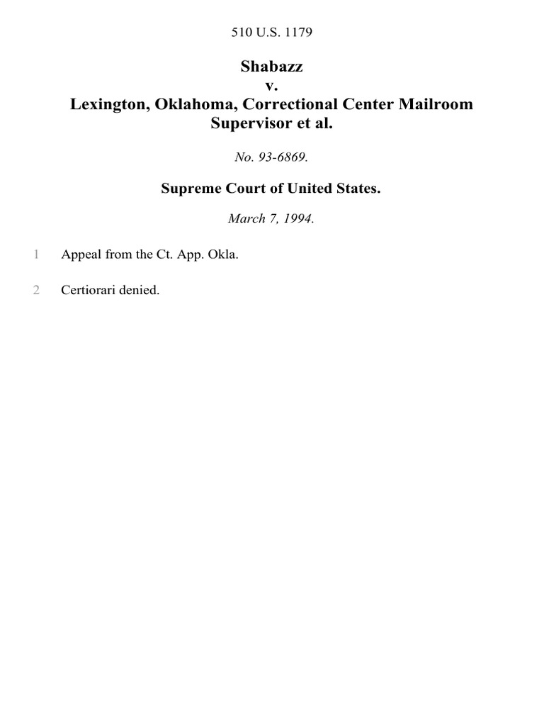 Shabazz v. Lexington, Oklahoma, Correctional Center Mailroom Supervisor