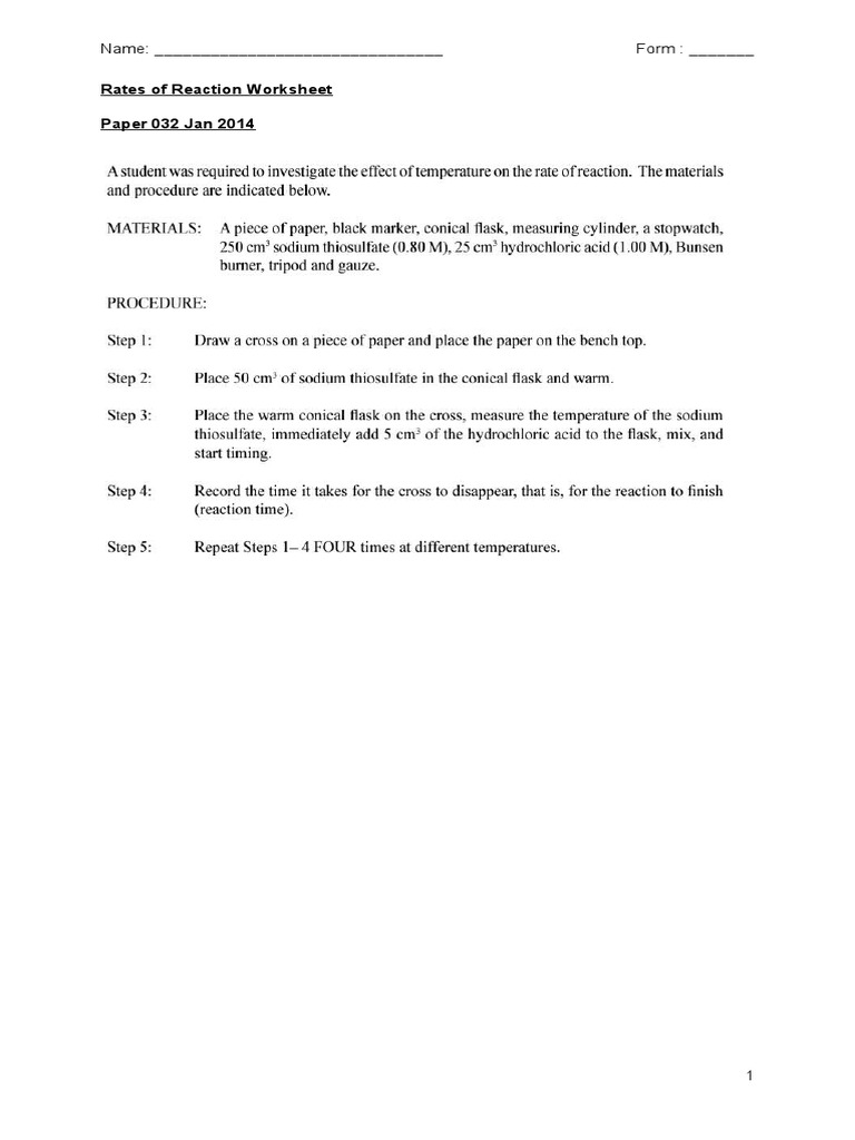 Rates of Reactions Worksheet