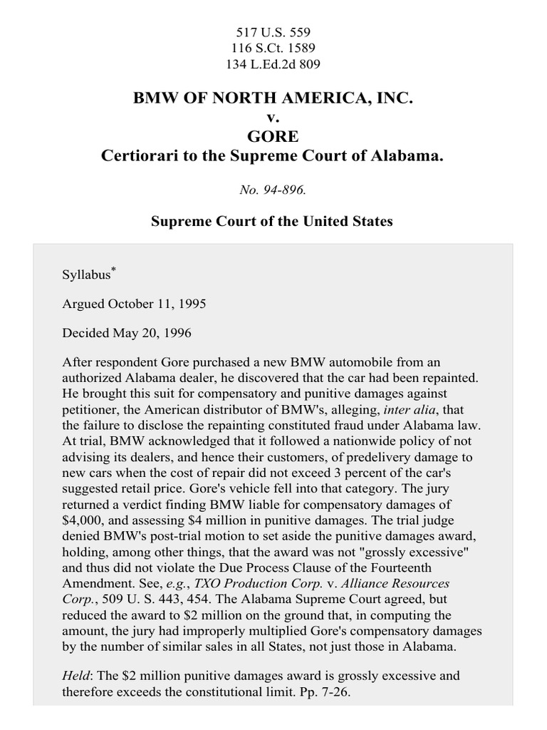 BMW of North America, Inc. v. Gore, 517 U.S. 559 (1996) | PDF ...