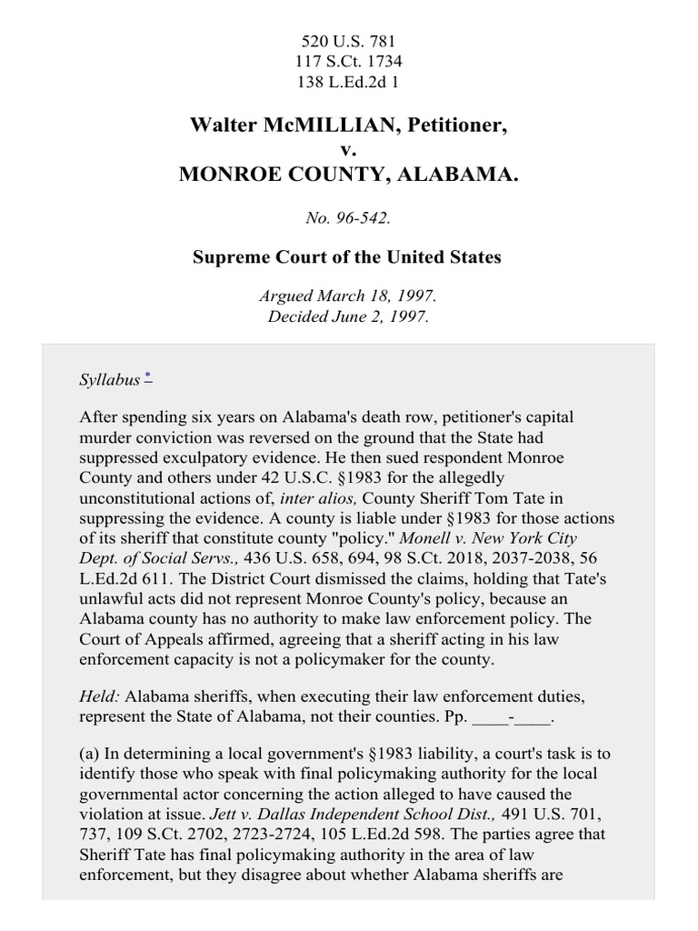 McMillian v. Monroe County, 520 U.S. 781 (1997) PDF Sheriff