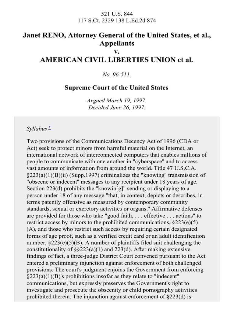 Reno v. American Civil Liberties Union, 521 U.S. 844 (1997) PDF